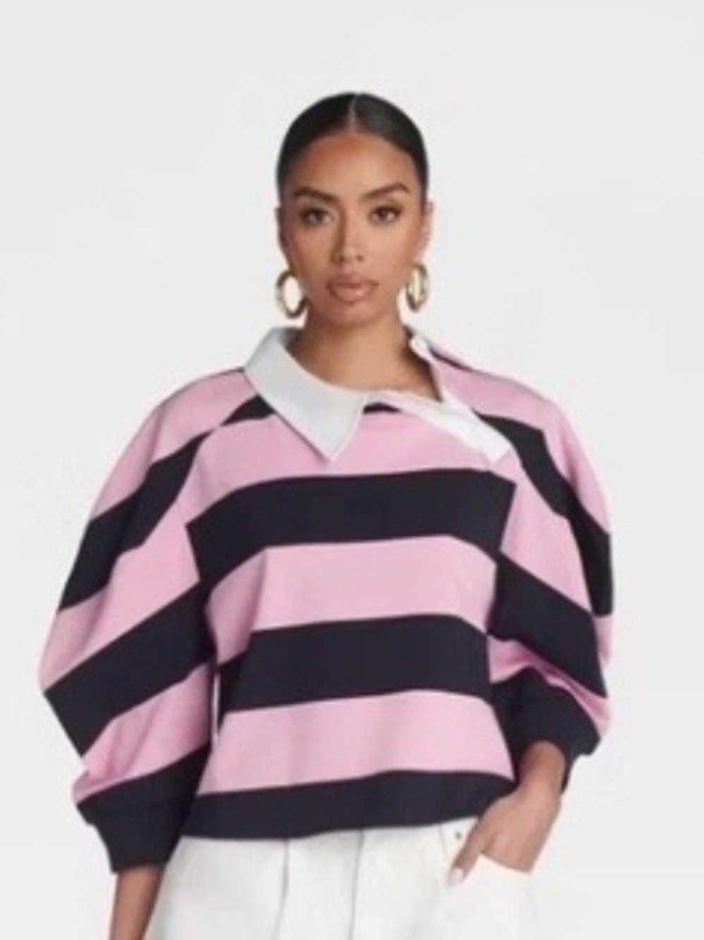 KBB by Khalana Puff-Sleeve Rugby Polo Top - Pink & Navy - Picture 3 of 6